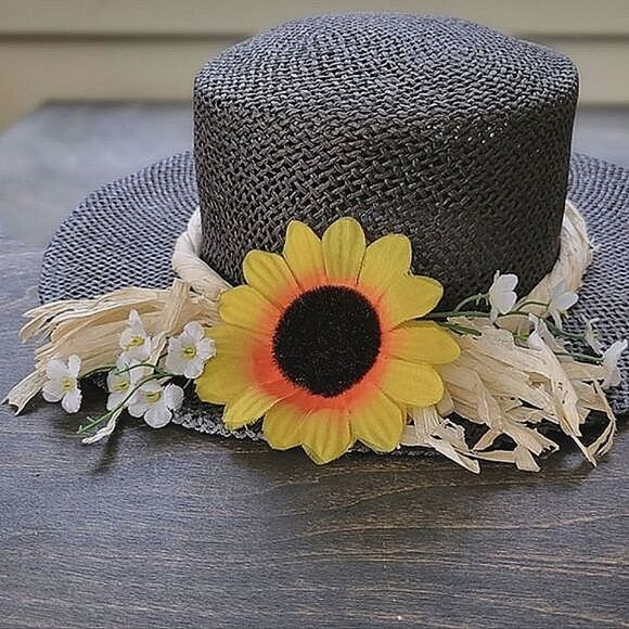 Vtg rafia sunflower band black straw sun hat - Picture 4 of 10